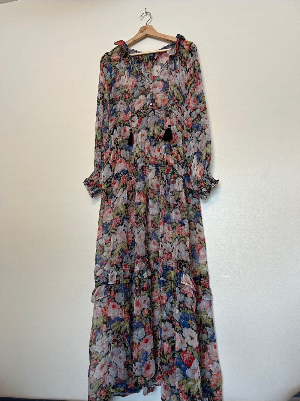 Anthropologie Floral Tiered Tie-Neck Maxi Dress
